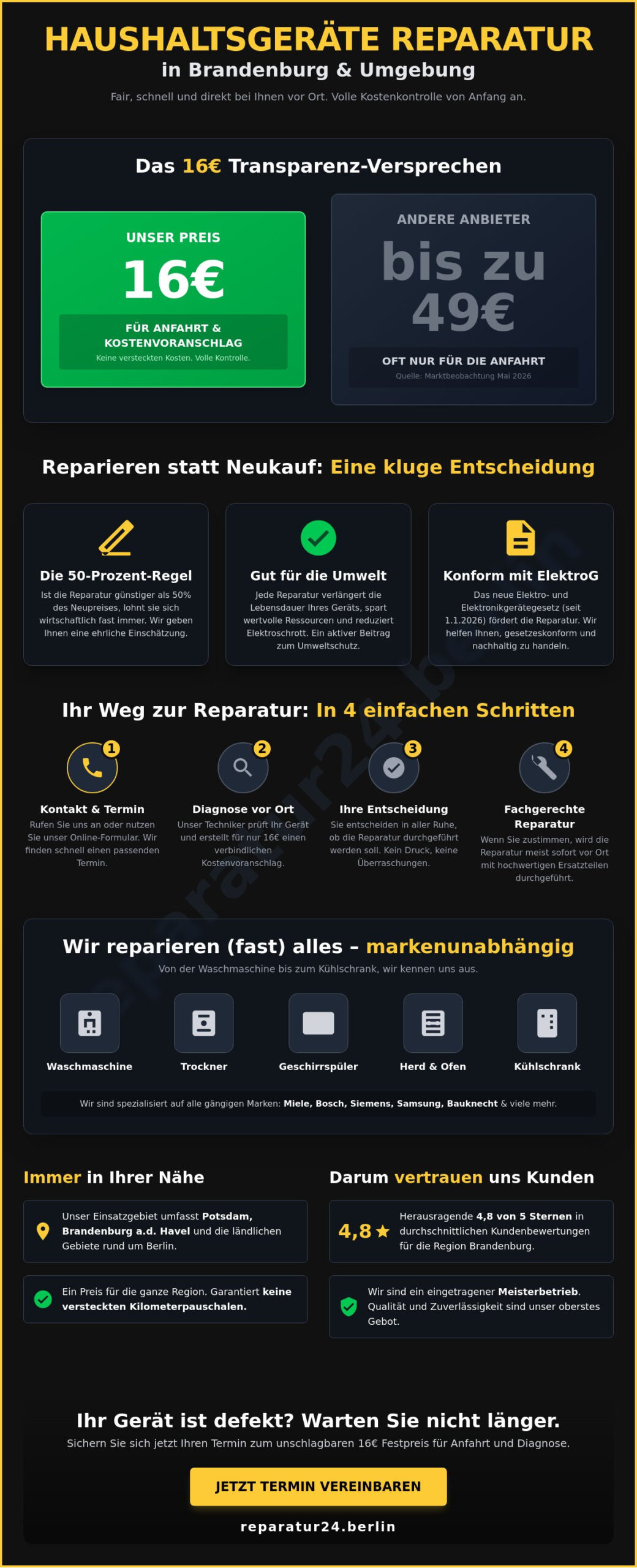 Haushaltsgeräte Reparatur Brandenburg: Schneller Vor-Ort-Service für 16€