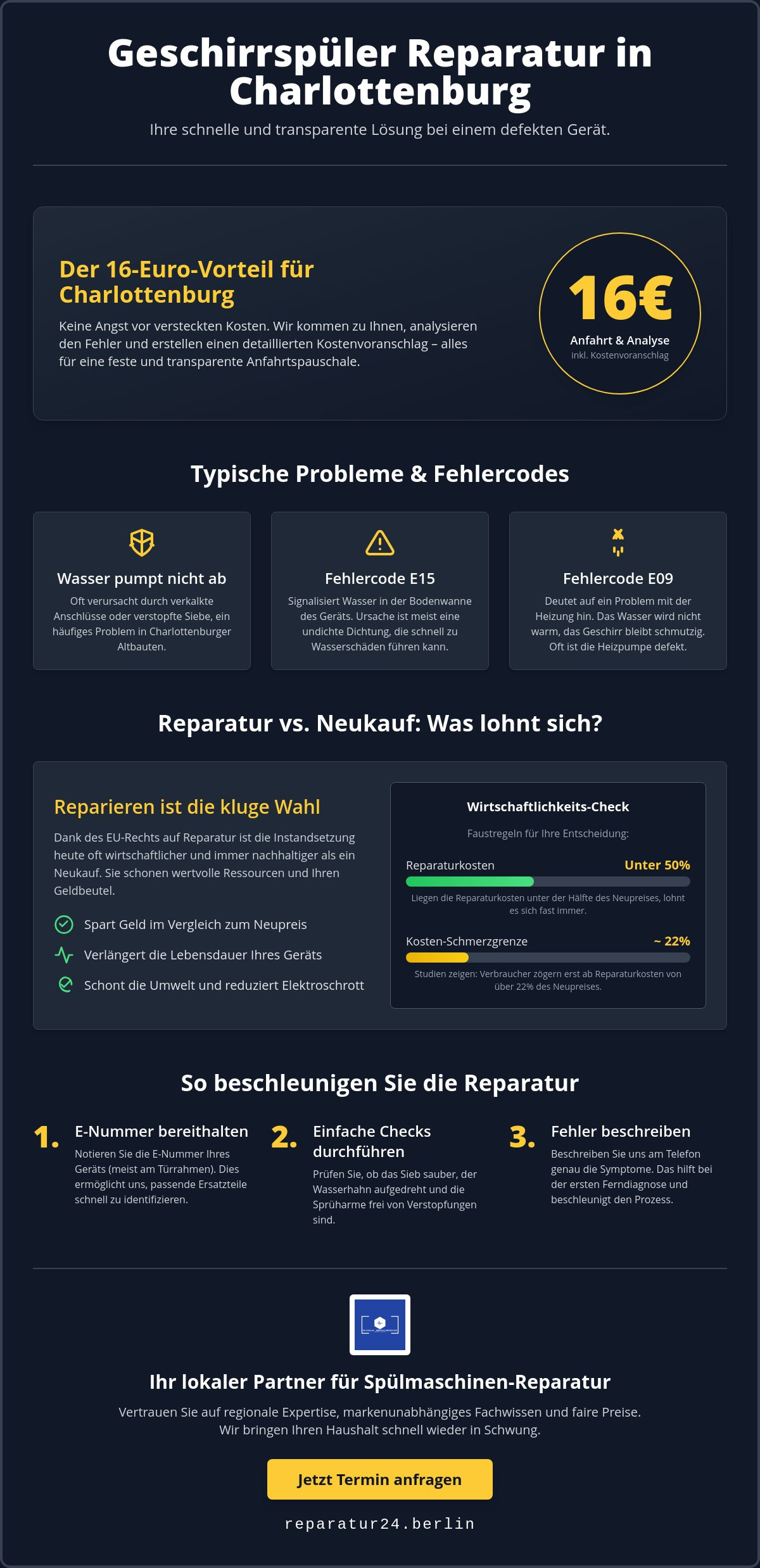Geschirrspüler Reparatur Charlottenburg: Schnelle Hilfe für 16€ Anfahrt