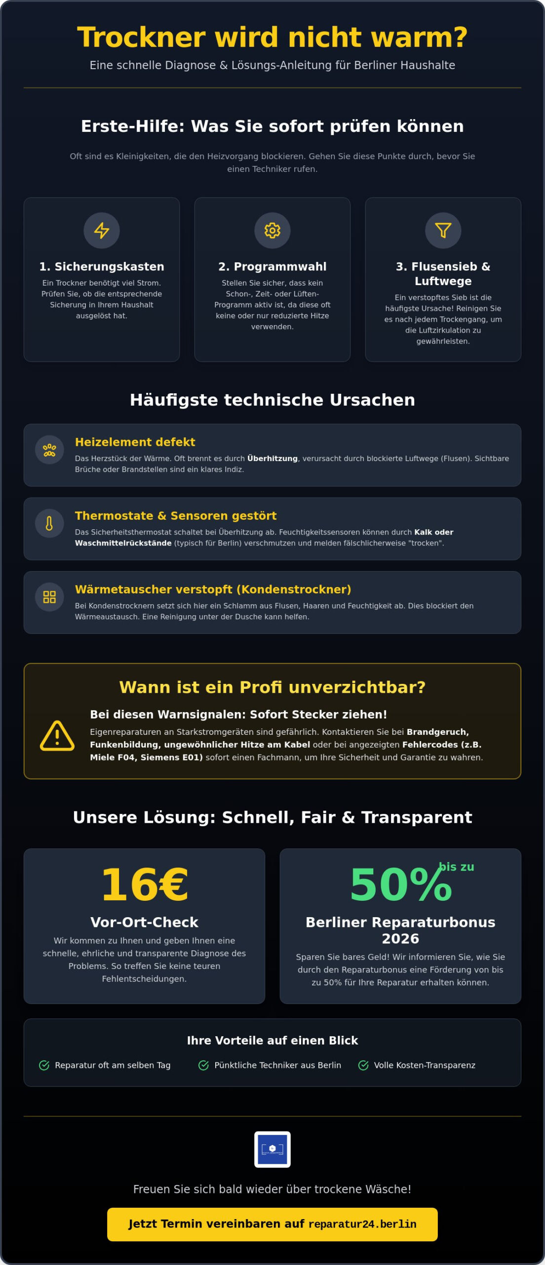 Trockner wird nicht warm: Ursachen & schnelle Hilfe in Berlin (2026)